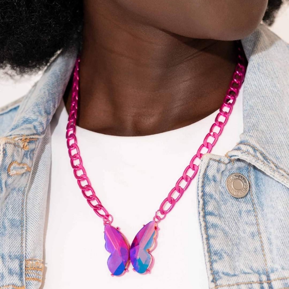 Paparazzi Pink Iridescent Butterfly Necklace Set!